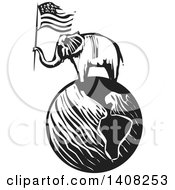 Poster, Art Print Of Black And White Woodcut Elephant Holding An American Flag On A Globe