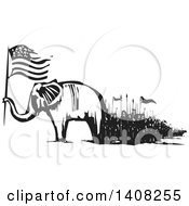 Poster, Art Print Of Black And White Woodcut Republican Elephant Holding An American Flag With People Marching