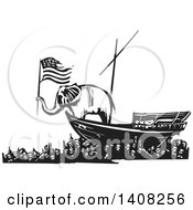 Black And White Woodcut Republican Elephant Holding An American Flag On A Boat Over People