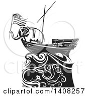 Poster, Art Print Of Black And White Woodcut Republican Elephant Holding An American Flag On A Ship Over An Octopus