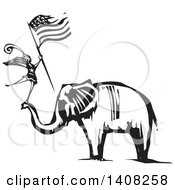 Poster, Art Print Of Black And White Woodcut Female Dancer Holding An American Flag And Standing On An Elephants Trunk