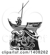 Poster, Art Print Of Black And White Woodcut Scene Of Jesus Christ On A Ship In A Storm Sea Of Galilee