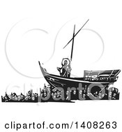 Poster, Art Print Of Black And White Woodcut Scene Of Mankind Carrying Jesus Christ On A Ship