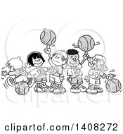Clipart Of A Grayscale Group Of Basketball Kids Royalty Free Vector Illustration by Johnny Sajem