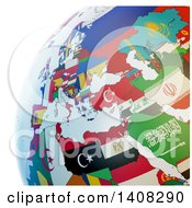 Clipart Of A 3d Earth Globe With Continents Made Of National Flags Featuring The Middle East Royalty Free Illustration