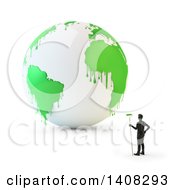 Poster, Art Print Of 3d Man Standing By A White Earth Globe With Paint Dripping From Green Continents