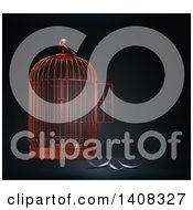 Poster, Art Print Of 3d Open Bird Cage With Feathers Depicting Freedom Escape
