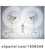 Poster, Art Print Of 3d Man Standing Below Cameras Communications Surveillance