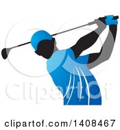 Poster, Art Print Of Black Silhouetted Male Golfer Dressed In Blue Swinging A Club