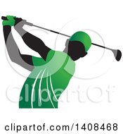 Poster, Art Print Of Black Silhouetted Male Golfer Dressed In Green Swinging A Club