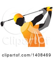 Poster, Art Print Of Black Silhouetted Male Golfer Dressed In Orange Swinging A Club