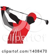 Poster, Art Print Of Black Silhouetted Male Golfer Dressed In Red Swinging A Club