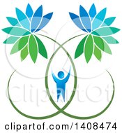 Poster, Art Print Of Cheering Blue Man With Giant Flowers