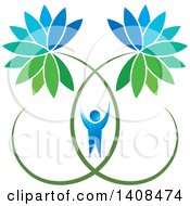 Clipart Of A Cheering Blue Man With Giant Flowers Royalty Free Vector Illustration