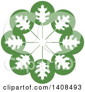 Clipart Of A Circular Design With Silhouetted White Oak Leaves On Green Circles Royalty Free Vector Illustration