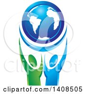Poster, Art Print Of Blue Globe Held Up By Blue And Green People