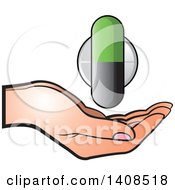 Clipart Of A Pill And Tablet Over A Hand Royalty Free Vector Illustration by Lal Perera