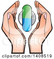 Clipart Of A Pill And Tablet Between Hands Royalty Free Vector Illustration by Lal Perera