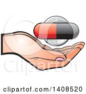 Clipart Of A Pill And Tablet Over A Hand Royalty Free Vector Illustration by Lal Perera