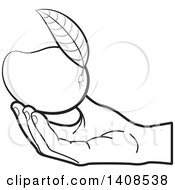 Clipart Of A Black And White Lineart Hand Holding A Mango Royalty Free Vector Illustration by Lal Perera