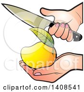 Clipart Of A Hand Holding A Mango And Knife Royalty Free Vector Illustration by Lal Perera