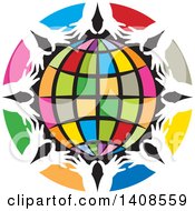 Poster, Art Print Of Circle Of Colorful Spaces And White Hands Framing A Globe