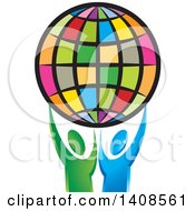 Poster, Art Print Of Colorful Globe Held Up By Green And Blue People