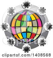 Poster, Art Print Of Colorful Globe In A Circle Of Cog Wheels