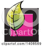 Clipart Of A Green Leaf Over A Black And Pink Square Royalty Free Vector Illustration