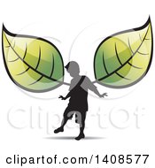 Clipart Of A Silhouetted Boy With Green Leaf Wings Royalty Free Vector Illustration