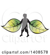 Clipart Of A Silhouetted Boy With Green Leaf Wings Royalty Free Vector Illustration by Lal Perera