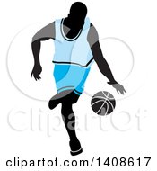 Poster, Art Print Of Black Silhouetted Male Basketball Player In A Blue Uniform Dribbling The Ball