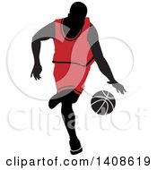Poster, Art Print Of Black Silhouetted Male Basketball Player In A Red Uniform Dribbling The Ball