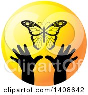 Poster, Art Print Of Silhouetted Hands Reaching For A Butterfly In A Circle