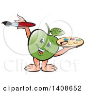 Clipart Of A Happy Green Apple Character Painting Royalty Free Vector Illustration by Lal Perera