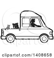 Poster, Art Print Of Black And White Silhouetted Woman Driving Dogs And A Cat In A Van