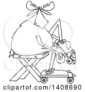 Cartoon Black And White Lineart Moose Sitting And Putting On Roller Skates