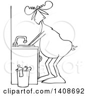 Cartoon Black And White Lineart Moose Washing His Hands