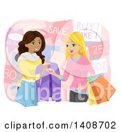 Clipart Of Teen Girls Shopping During A Sale Royalty Free Vector Illustration by BNP Design Studio