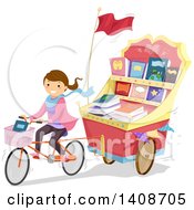 Poster, Art Print Of Caucasian Teenage Girl Pulling A Book Cart Behind Her Bicycle