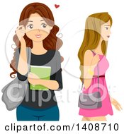 Clipart Of A Brunette Caucasian Teen Girl With A Crush On Another Girl Royalty Free Vector Illustration