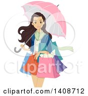 Poster, Art Print Of Caucasian Teen Girl Shopping And Carrying An Umbrella