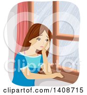 Poster, Art Print Of Sad Caucasian Teen Girl Staring Out A Window