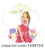 Caucasian Debutante Girl Sitting With A Parasol Surrounded By Gifts