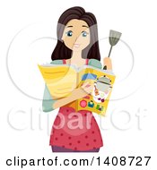 Poster, Art Print Of Teen Brunette Caucasian Girl Reading A Recipe In A Magazine