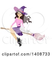 Poster, Art Print Of Caucasian Teenage Witch Girl Flying With A Cat On A Broomstick