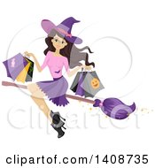 Poster, Art Print Of Caucasian Teenage Witch Girl Flying With Halloween Bags On A Broomstick
