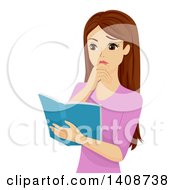 Clipart Of A Confused Caucasian Teen Girl Reading A Book And Thinking Royalty Free Vector Illustration