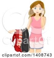 Clipart Of A Caucasian Teen Girl Talking On Her Phone And Picking Out Clothes Royalty Free Vector Illustration