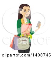 Poster, Art Print Of Caucasian Teen Girl Grocery Shopping And Usiner Her Cell Phone